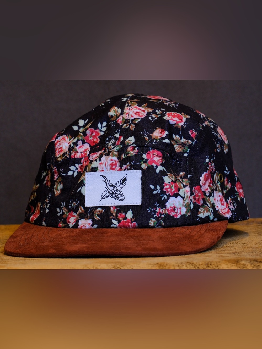 Floral Five-Panel Cap with Brown Suede Brim